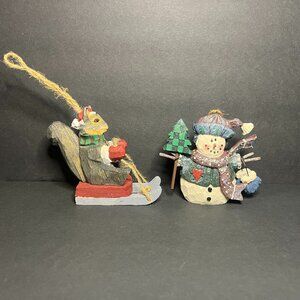 Lot of 2 Crate & Barrel Wooden Squirrel & Kirkland Snowman Christmas Ornaments